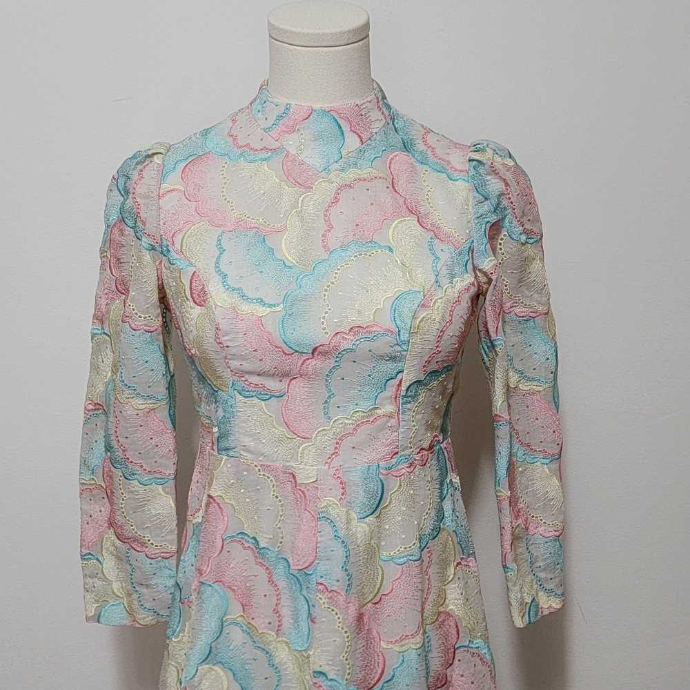 Vintage Boho Dress Small Homemade Long Sleeve Pastel Embroidered